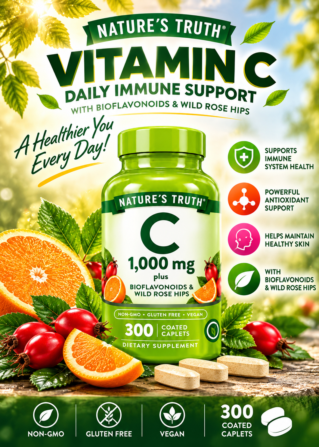 NATURE'S TRUTH
VITAMIN C W
BIOFLAVONOIDS
& ROSEHIPS
1000MG 300CT