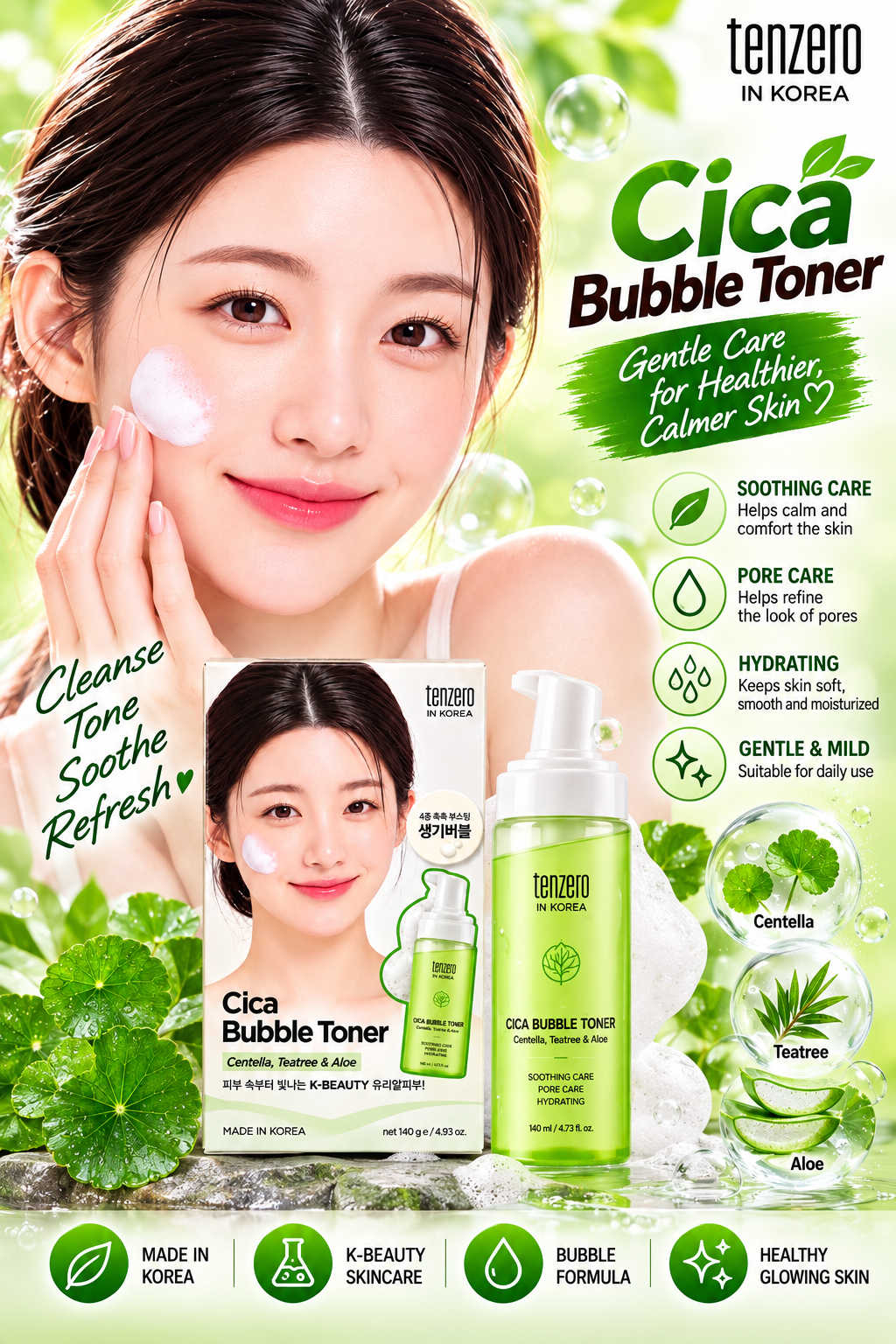 Tenzero Cica Bubble Toner – Centella, Tea Tree & Aloe (140g)