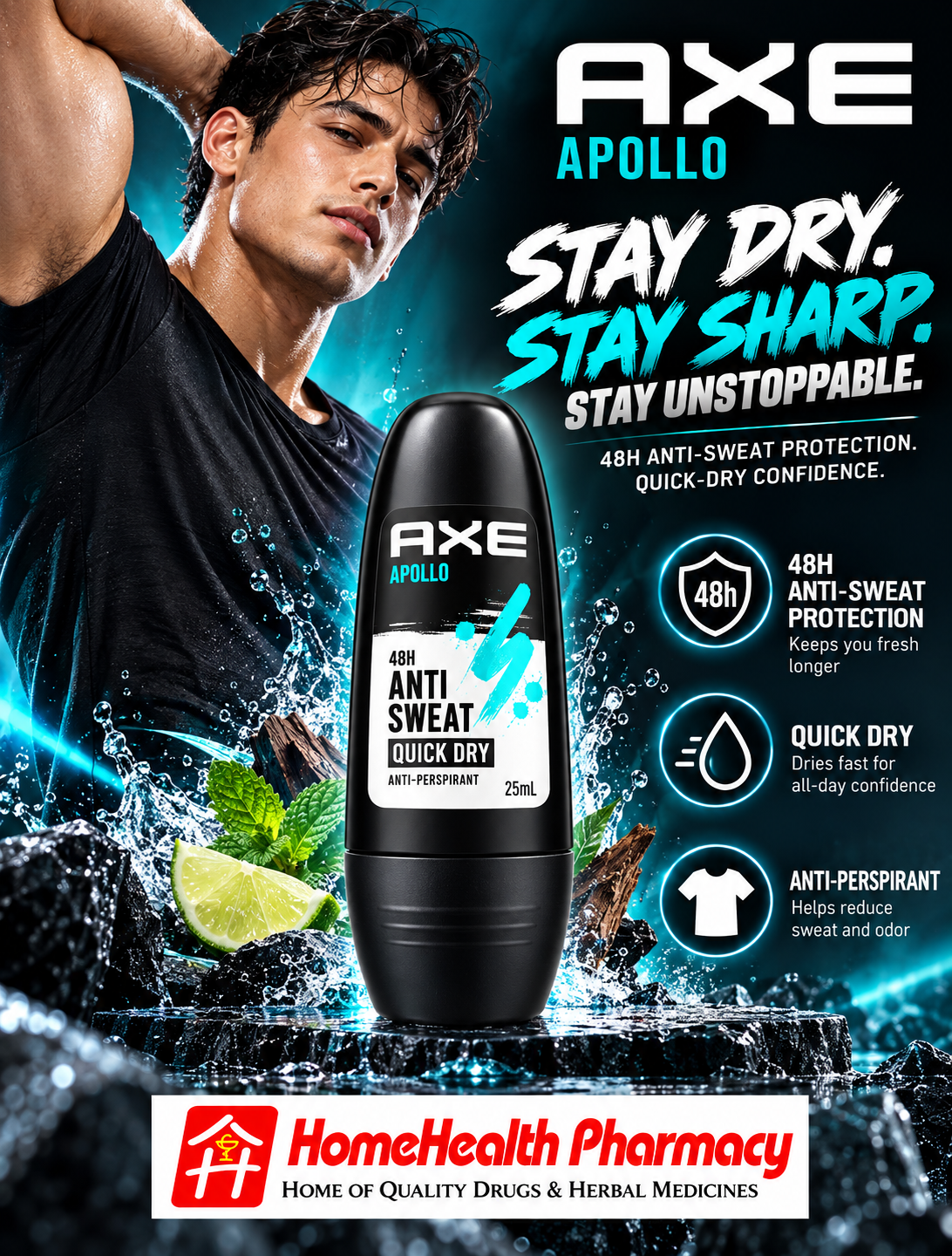 AXE APOLLO 48H ANTI-SWEAT QUICK DRY ROLL-ON – 25mL