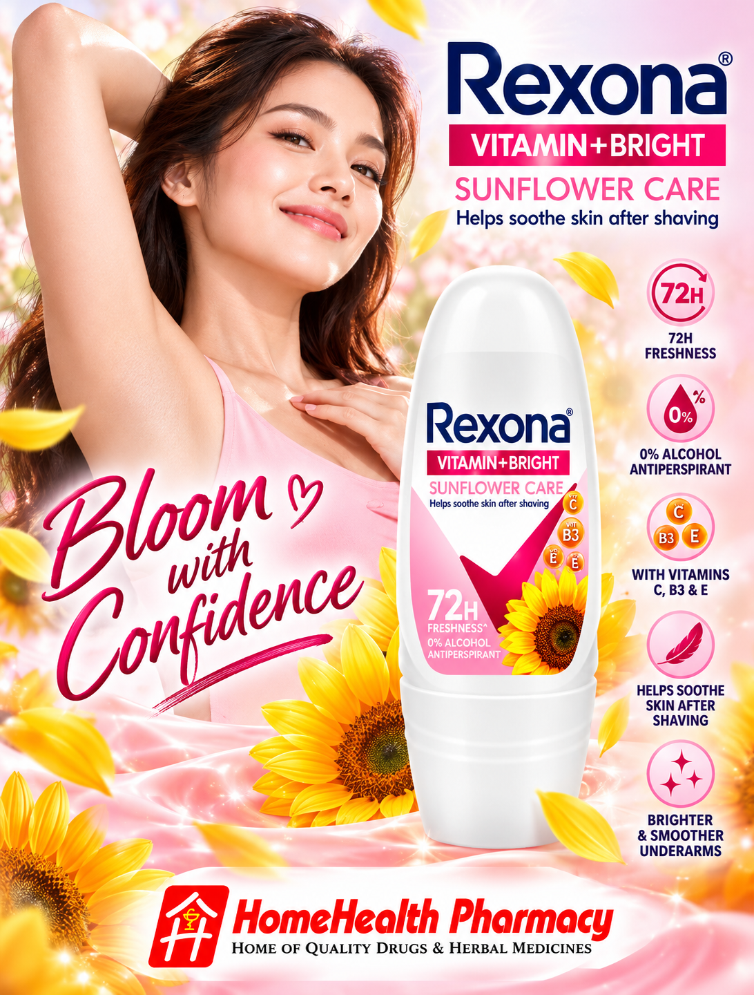 Rexona Vitamin+Bright Sunflower Care – 72H Antiperspirant Roll-On