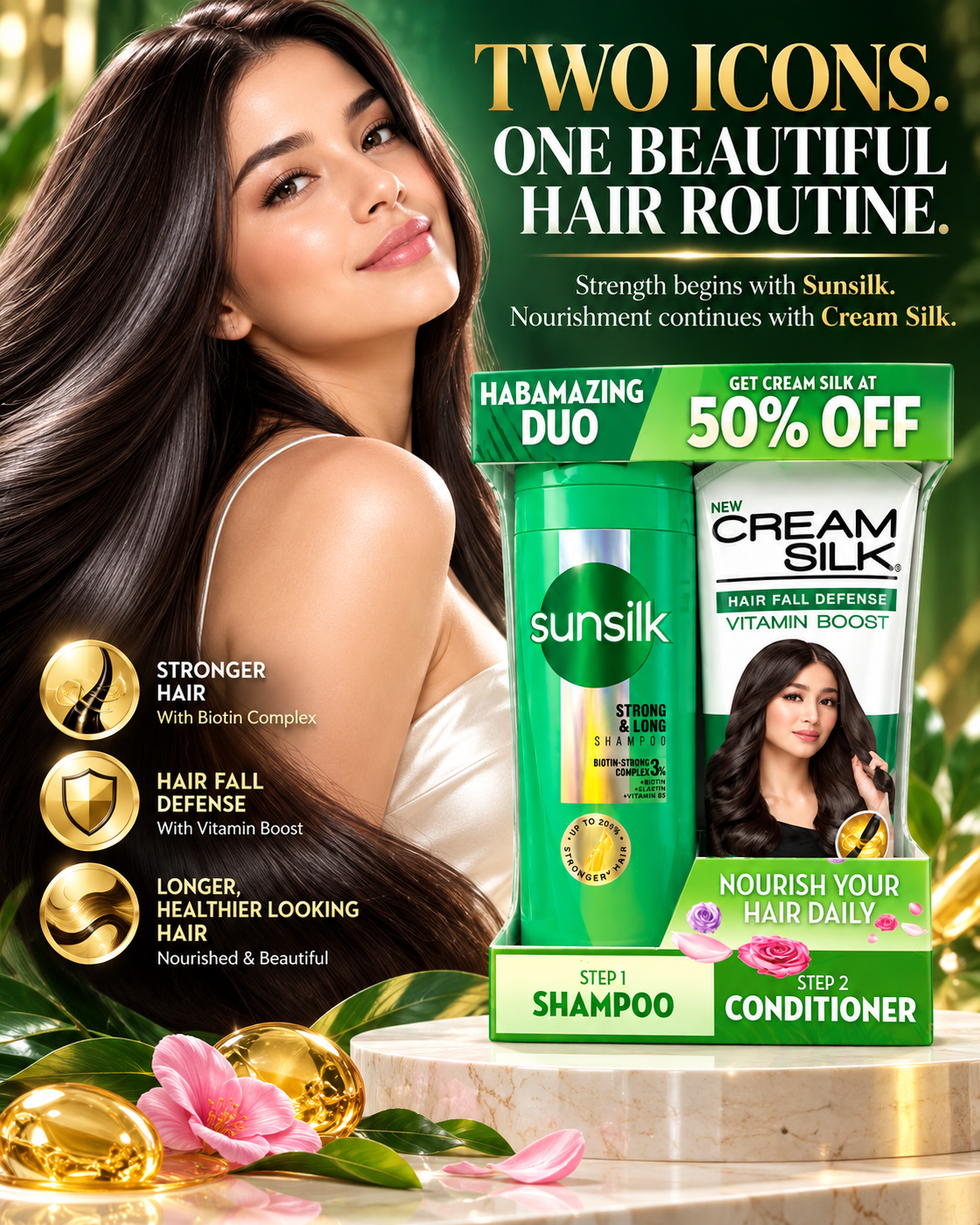 SUNSILK STRONG & LONG SHAMPOO + CREAM SILK HAIR FALL DEFENSE CONDITIONER BUNDLE