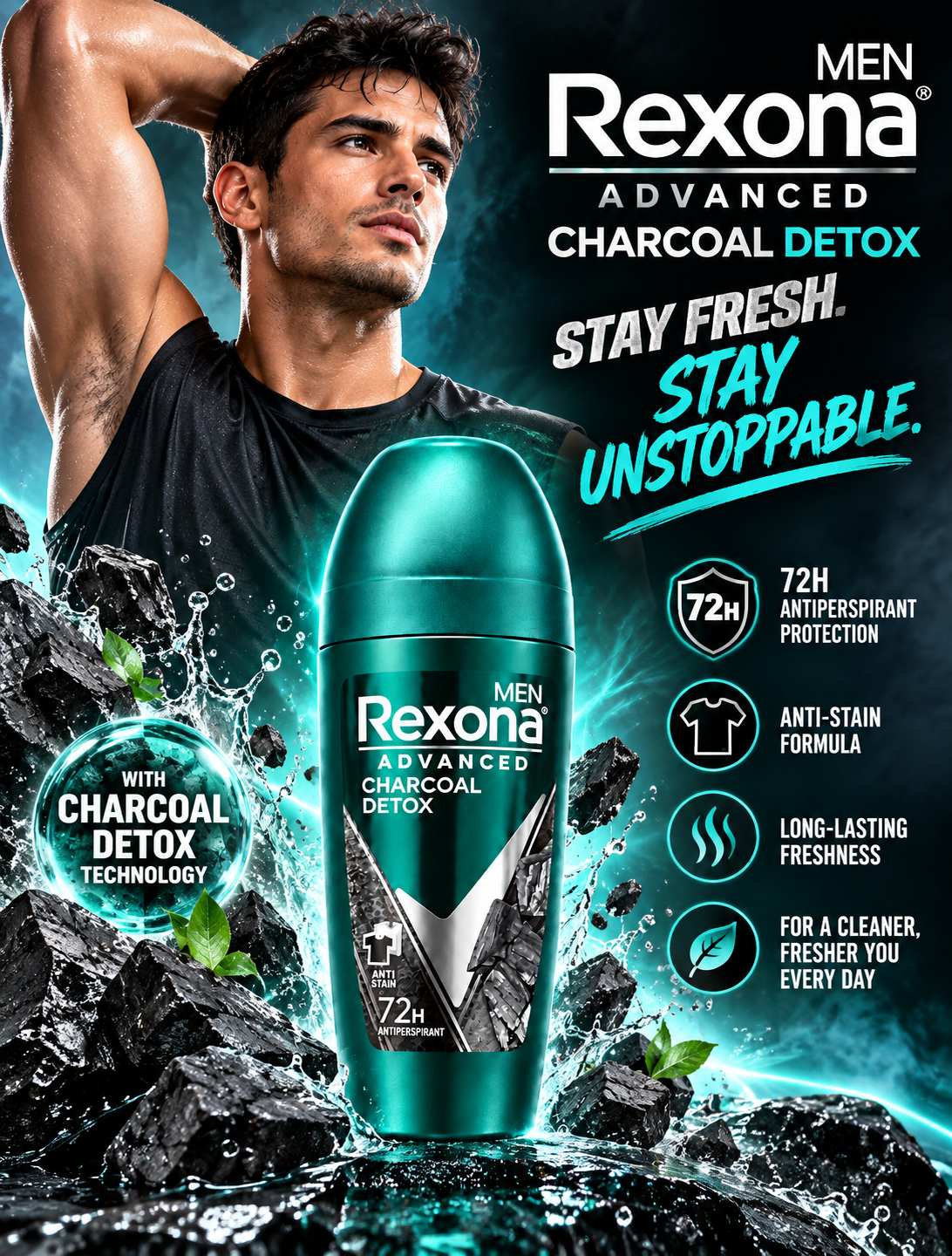 Rexona Men Advanced Charcoal Detox – 72H Antiperspirant Roll-On