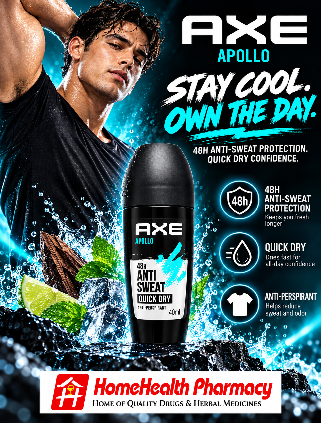 AXE APOLLO 48H ANTI-SWEAT QUICK DRY ROLL-ON – 40mL