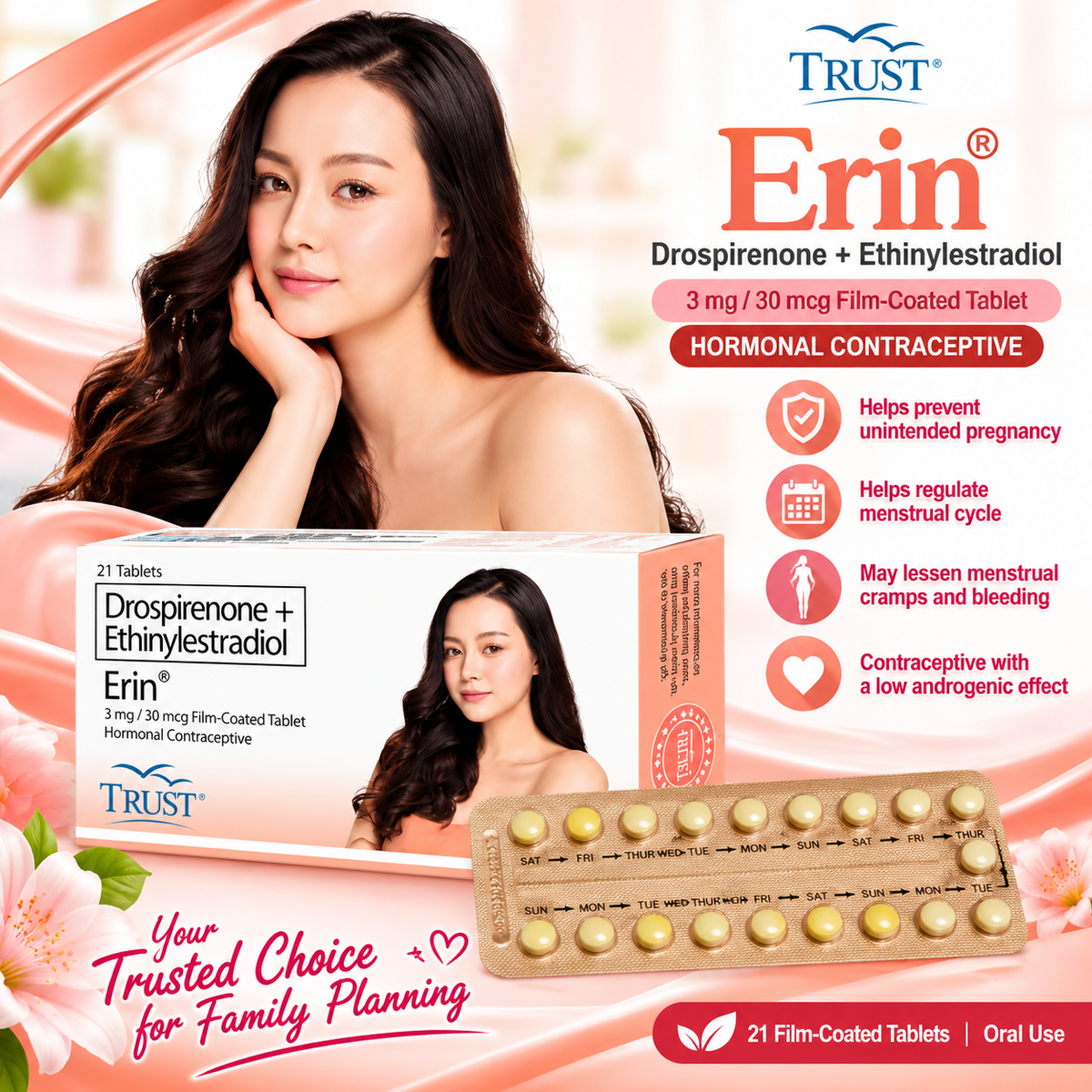Erin® – Drospirenone + Ethinylestradiol (21 Film-Coated Tablets)