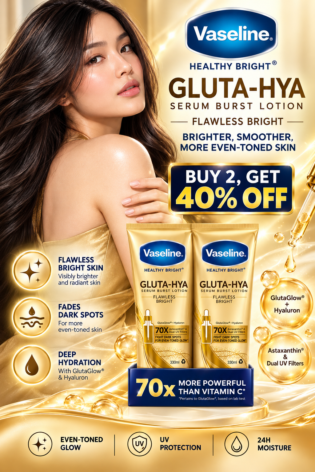 Vaseline Healthy Bright Gluta-Hya Serum Burst Lotion – Flawless Bright (330ml × 2)