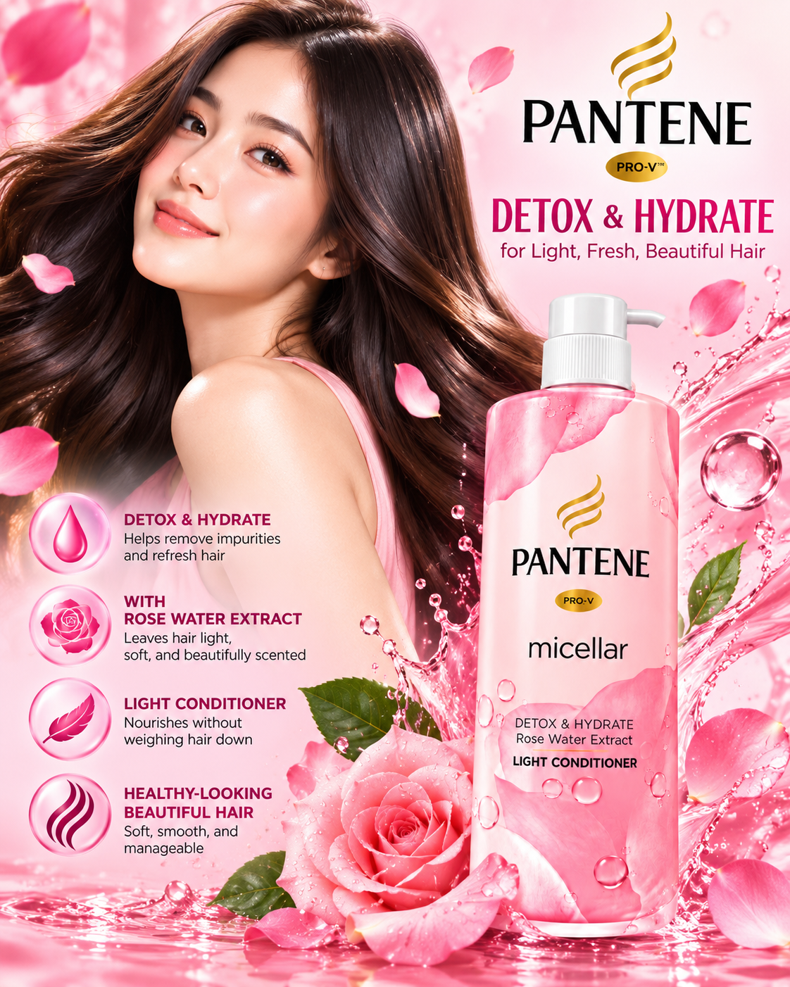 Pantene Pro-V Micellar Detox & Hydrate Light Conditioner with Rose Water Extract – 530mL
