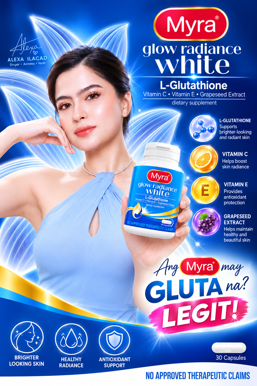 Myra Glow Radiance White L-Glutathione – 30 Capsules

Glow with Confidence. Radiate Your Natural Beauty!

Discover Myra Glow Radiance White, a dietary supplement formulated with L-Glutathione, Vitamin C, Vitamin E, and Grapeseed Extract. Designed to compl